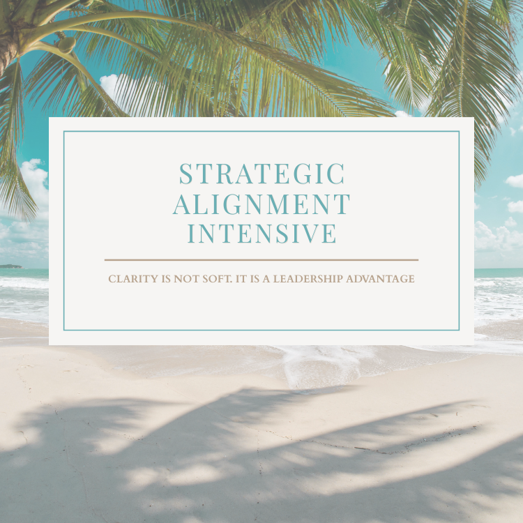 A sophisticated, high-end professional graphic for 'The Strategic Alignment Intensive' featuring a sophisticated coastal color palette of soft turquoise, sand beige, and crisp white. The background is a gorgeous beach with a palm tree at mid-day. A clean white rectangular overlay with a turquoise border contains the turquoise text: 'STRATEGIC ALIGNMENT INTENSIVE' and the tagline: 'CLARITY IS NOT SOFT. IT IS A LEADERSHIP ADVANTAGE.' The design is minimalist and authoritative, reflecting a premium consultancy brand.