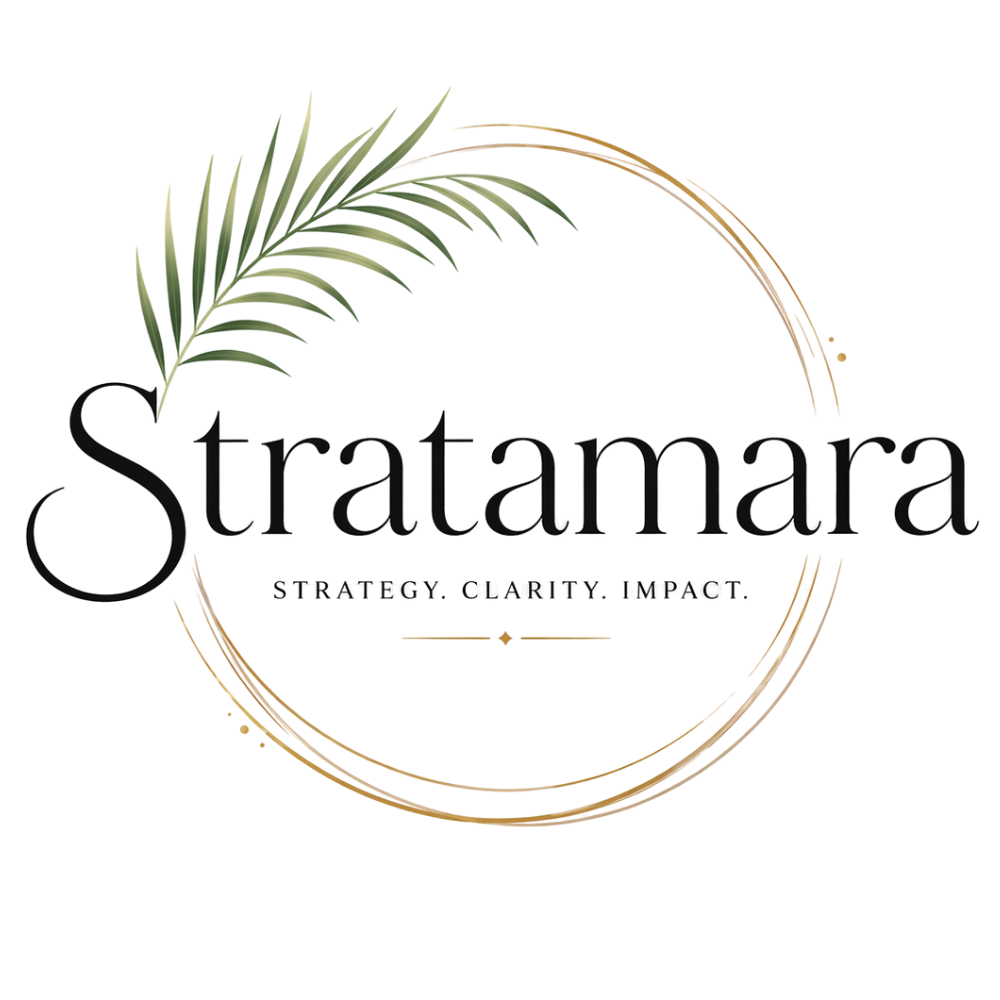 Stratamara logo Strategy Clarity Impact gold circle with palm tree leaf