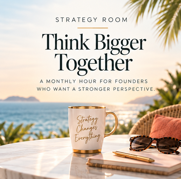 Strategy Room Think Bigger Together desk with notebook and coffee mug with ocean background